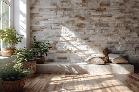 a modern interior design with beige stone panels on wall style inspiration ideasの素材