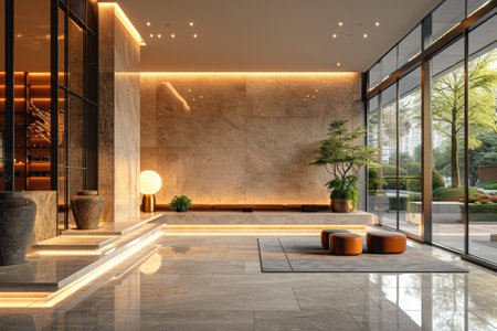 a modern interior design with beige stone panels on wall style inspiration ideasの素材