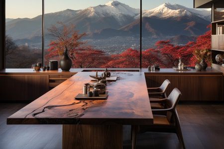 wood furniture and natural aesthetic living room windows show the stunning mountain scenery behind it style inspiration ideasの素材