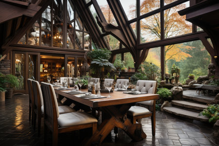 interior of a large dining room with eccentric architecture and modern furniture inspiration ideasの素材