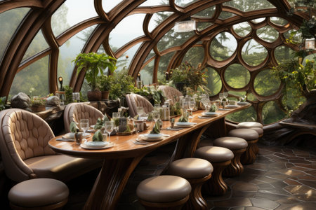interior of a large dining room with eccentric architecture and modern furniture inspiration ideasの素材