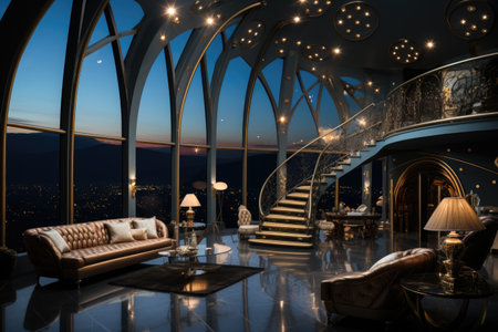 interior of a large dining room with eccentric architecture and modern furniture inspiration ideasの素材