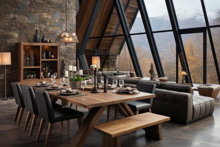 interior of a large dining room with eccentric architecture and modern furniture inspiration ideasの素材