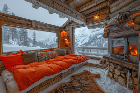 In a luxurious wooden cabin cozy room with a large windows style inspiration ideasの素材