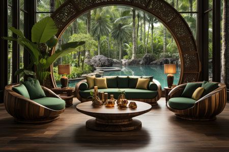 the entrance to the living room with wooden deck in the tropical style decor inspiration ideasの素材