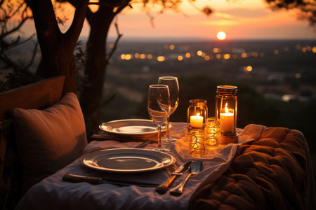 beautiful evening romantic light dinner decor under the starsの素材