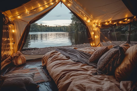 a cozy ambiance and lounge outdoor with cushions for a relaxed decoration style inspirationの素材