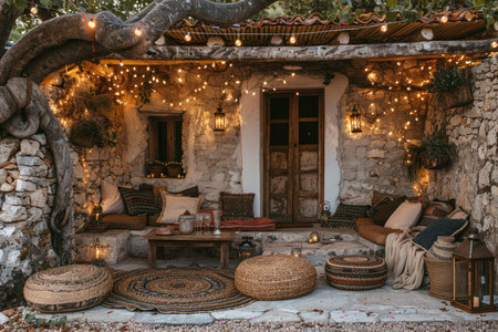 a cozy ambiance and lounge outdoor with cushions for a relaxed decoration style inspirationの素材