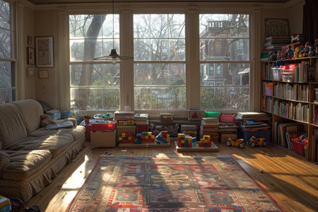 living room with the atmosphere is filled with the joyful laughter and there's various toys scattered on the floor inspiration ideasの素材