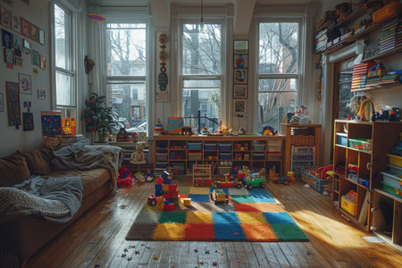 living room with the atmosphere is filled with the joyful laughter and there's various toys scattered on the floor inspiration ideasの素材