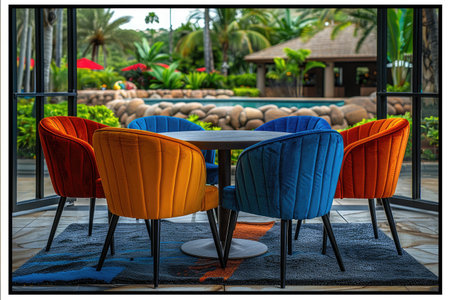 a table with assorted chairs fun colorful rich fabric comfortable modern minimalist in the style inspirationの素材