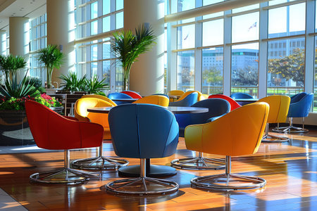 a table with assorted chairs fun colorful rich fabric comfortable modern minimalist in the style inspirationの素材