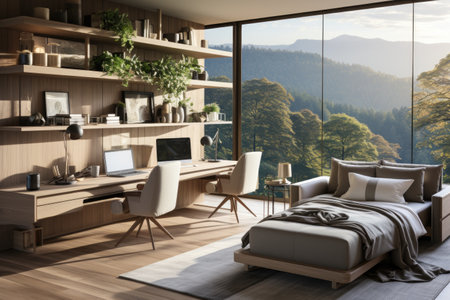 Interior design a cozy contemporary minimalist study room with a desk inspiration ideasInterior design a cozy contemporary minimalist study room with a desk inspiration ideasの素材