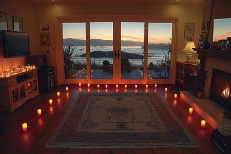 cozy living room with beautiful view from window decoration style inspiration ideasの素材