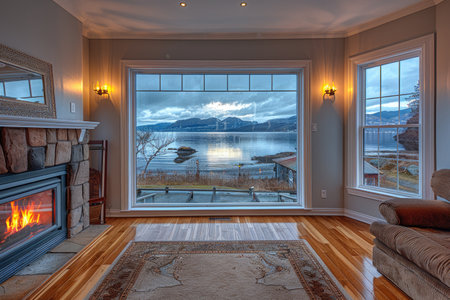 cozy living room with beautiful view from window decoration style inspiration ideasの素材