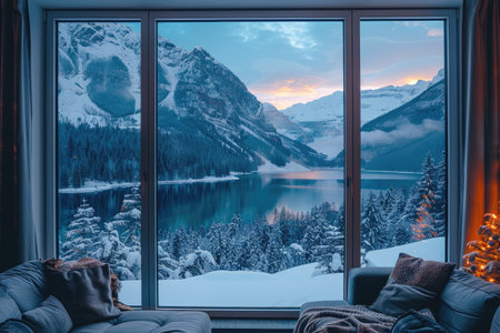 cozy living room with beautiful view from window decoration style inspiration ideasの素材
