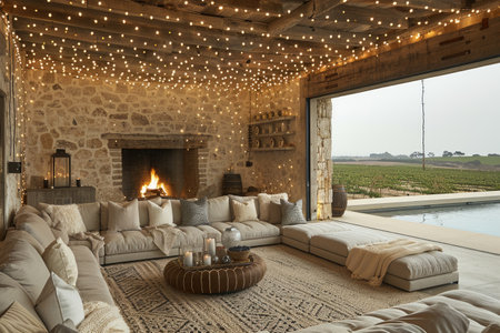 cozy living room with beautiful view from window decoration style inspiration ideasの素材