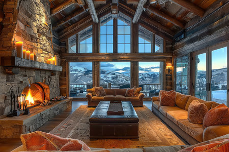 cozy living room with beautiful view from window decoration style inspiration ideasの素材