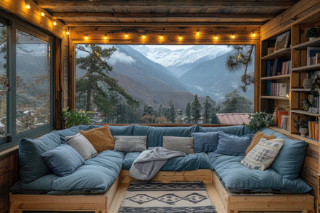 cozy living room with beautiful view from window decoration style inspiration ideasの素材