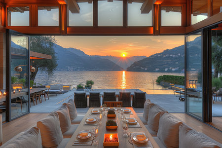 cozy living room with beautiful view from window decoration style inspiration ideasの素材