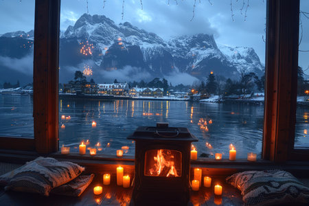 cozy living room with beautiful view from window decoration style inspiration ideasの素材