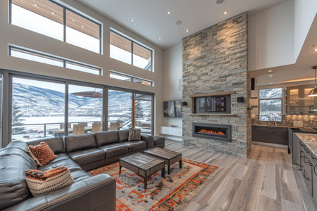 cozy living room with beautiful view from window decoration style inspiration ideasの素材