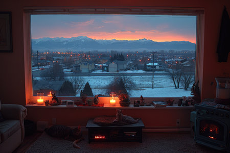 cozy living room with beautiful view from window decoration style inspiration ideasの素材