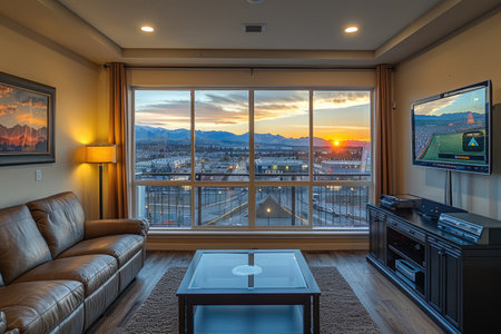 cozy living room with beautiful view from window decoration style inspiration ideasの素材