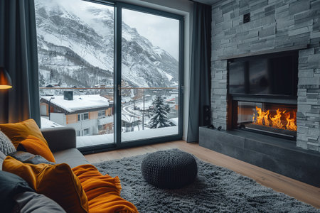 cozy living room with beautiful view from window decoration style inspiration ideasの素材