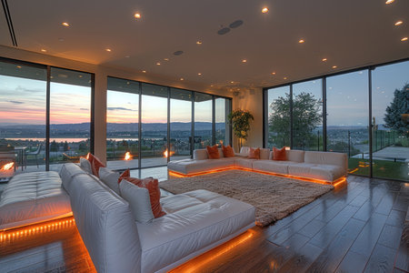 cozy living room with beautiful view from window decoration style inspiration ideasの素材