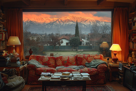cozy living room with beautiful view from window decoration style inspiration ideasの素材