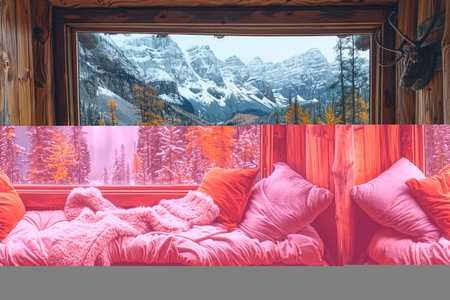 cozy living room with beautiful view from window decoration style inspiration ideasの素材