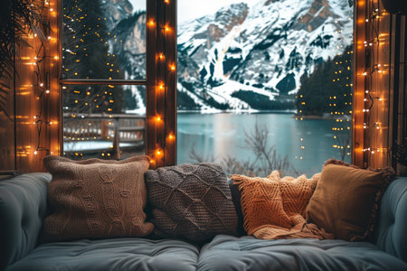 cozy living room with beautiful view from window decoration style inspiration ideasの素材