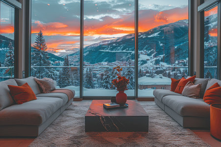 cozy living room with beautiful view from window decoration style inspiration ideasの素材