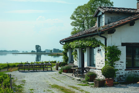 the exterior of an elegant country house Italy style with garden and terrace inspiration ideasの素材