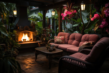resort hotel with patio and fireplace tropical background at midnight inspiration ideasの素材