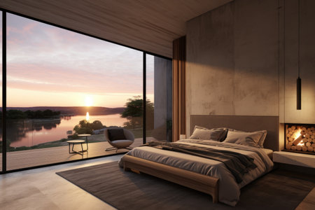 the mattress bed scandinavian design modern bedroom with view from large windows decor interior inspiration ideasの素材