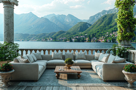 an outdoor patio with view a calm early summer morning inspiration ideasの素材