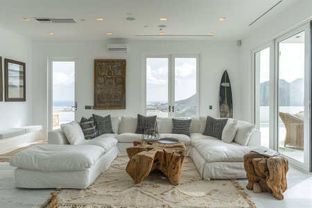 Minimalist living room with stunning ocean views and surfboardの素材