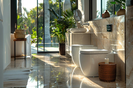 Stylish showing a toilet pedestal and a trash bin for luxurious home interior design --ar 3:2 --style raw --stylize 750 Job ID: 0e308774-dd72-4a41-8bee-b4f414ddf200の素材