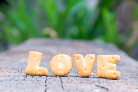 snack food with message "LOVE"  on old wooden vintage backgroundの写真素材