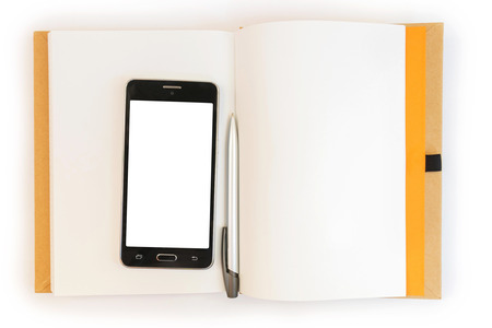 Smart phone with blank screen on the note bookの写真素材