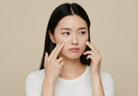 Young Asian woman using fingers to apply eye cream under eyes. Ideal for skincare tutorials, anti-aging promotions, or beauty blogs.の素材