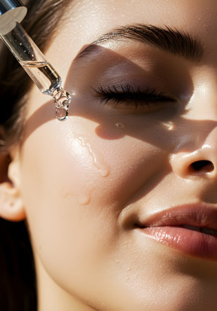 Macro Shot woman applying  of Serum Application on Cheekの素材
