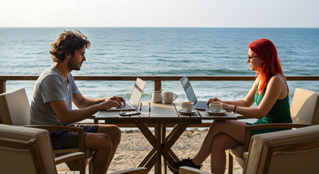 Young couple sitting at a table by the sea and working on a laptopの素材