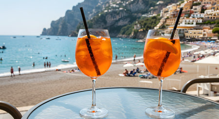 Refreshing Aperol spritz cocktails served with straws on a beachside tableの素材