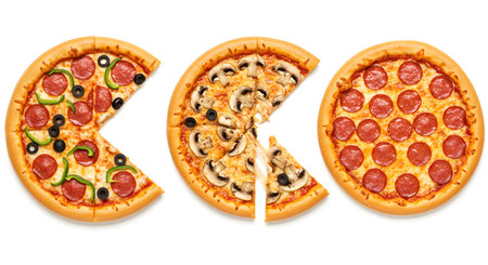 Two half pizzas showing pepperoni and mushroom toppingの素材