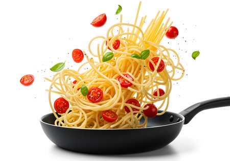 Spaghetti tossed with fresh tomatoes and basil in frying panの素材