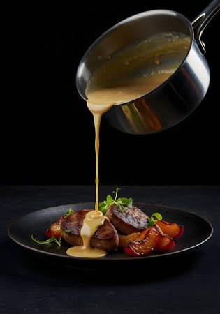 Hot gravy being poured over grilled steak dishの素材