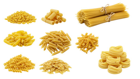 Set of different types of pasta isolated on white background. Top view.の素材